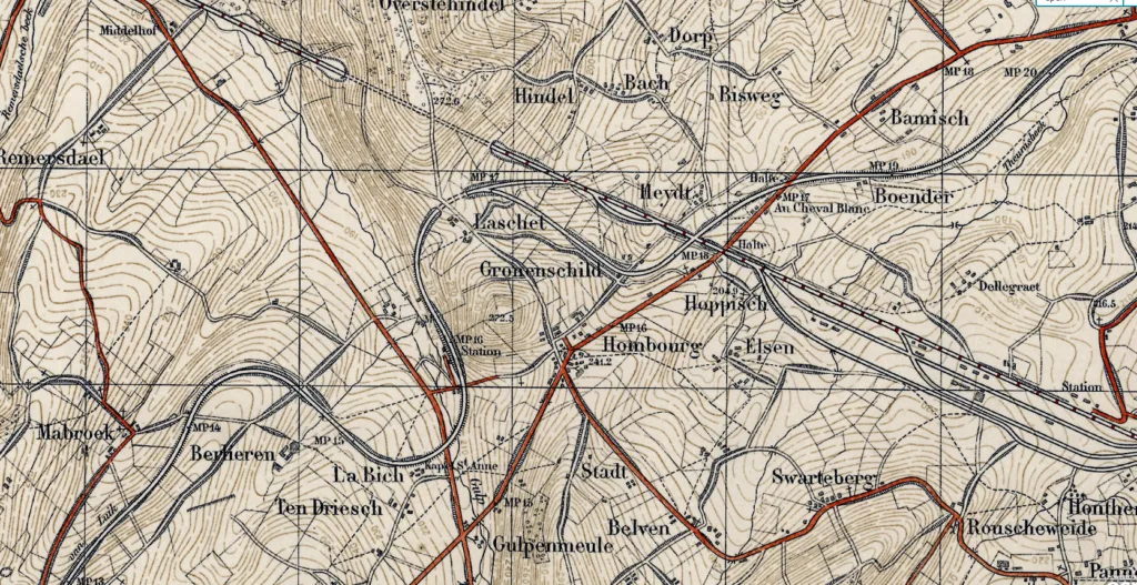 afbeelding oude landkaart van spoorlijn Hombourg Aubel met tunnel bij Laschet